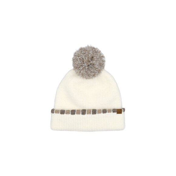 Neutral Horizontal Stripe Cuffed Pom Beanie NWT - Picture 3 of 4